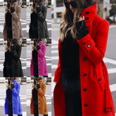 Autumn Winter New Woolen Coat Women's Slim Fit Cardigan Large Coat Women Long Sleeve Single Breasted Stand Collar Woolen Coat