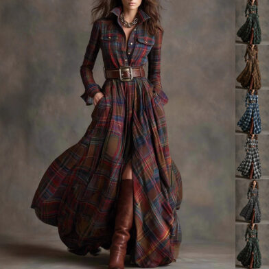 Ins Plaid Print Long-Sleeved Dress Fashion Pockets Collared Buttons Shirt Long Dresses Retro Women's Clothing