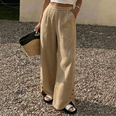 Womens Solid-color Loose-fit Straight-leg Casual Wide-leg Pants With Pockets